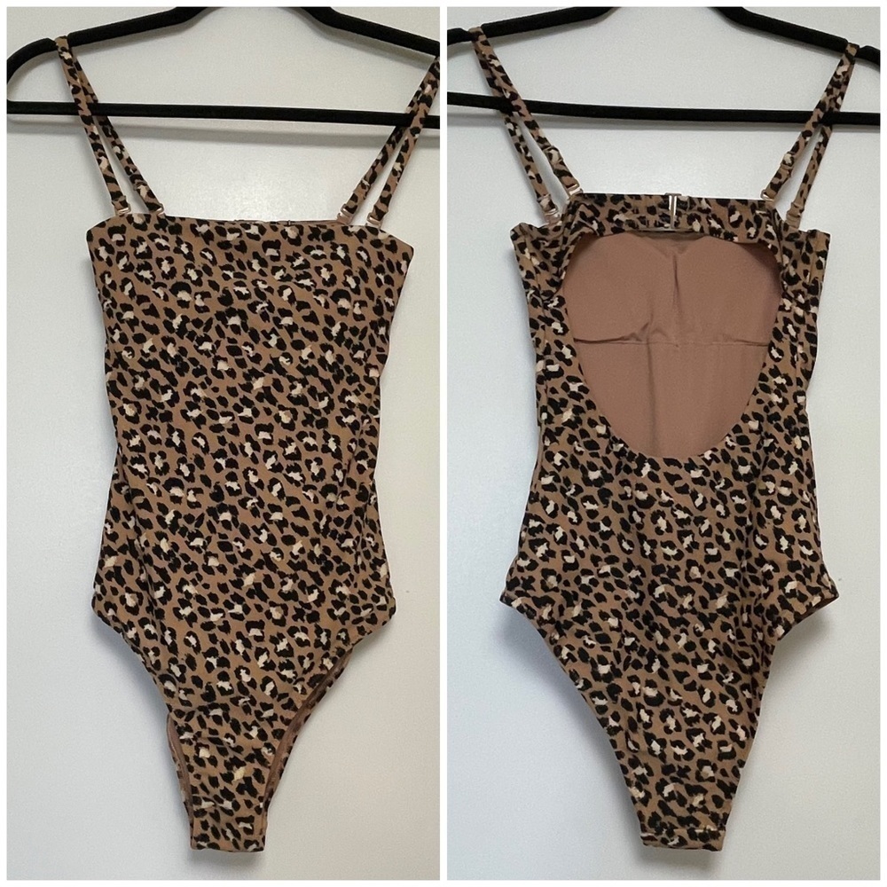 Aerie Leopard One Piece Cheeky Bathing Suit Open Back Sz XXS Removable Straps.